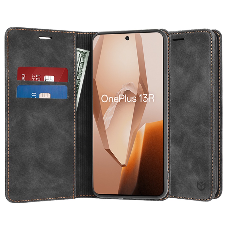 Husa pentru OnePlus 13R, SKYDDAR INNOVATION, Soft Wallet, tip Carte, din piele Eco Premium cu Portofel Interior, Negru, set cu sticker