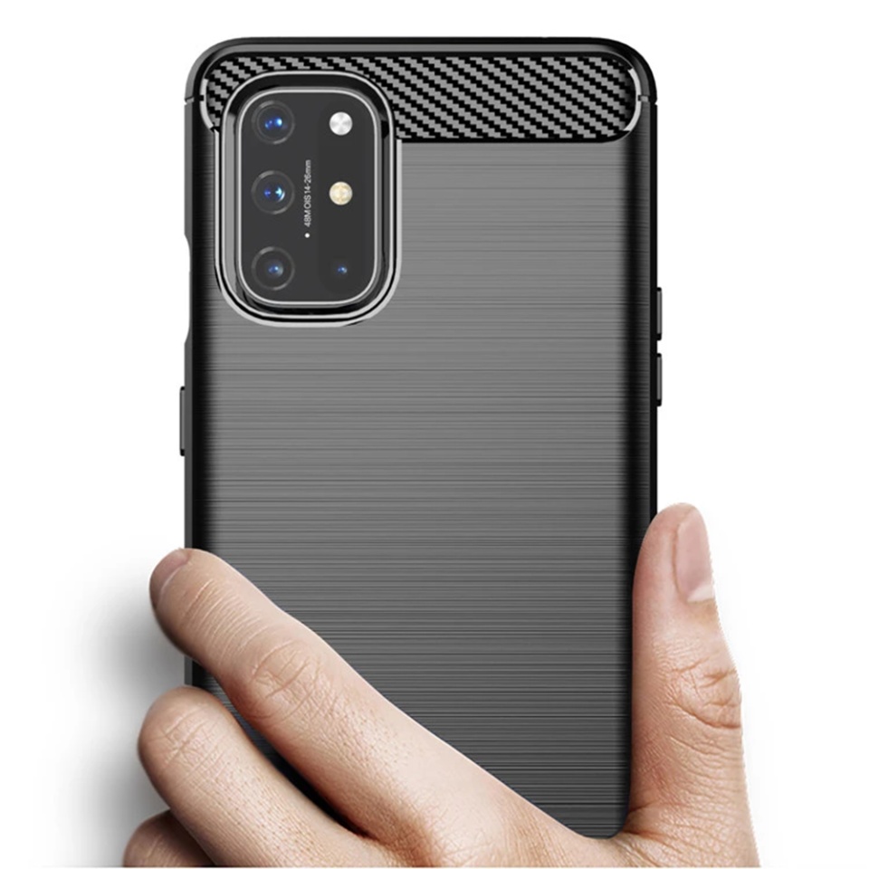 Husa pentru OnePlus 8T, SKYDDAR INNOVATION, Carbon Silicone, din Silicon Slim, cu textura Fibra Carbon, set cu sticker, Negru - 1 | YEO
