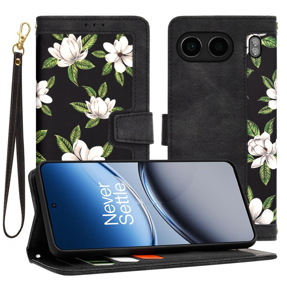 Husa pentru OnePlus Nord 4 din Piele Ecologică cu Design Floral, Protecție 360°, Stand Integrat, Buzunare pentru Carduri, SKDR Floral Wallet - Negru