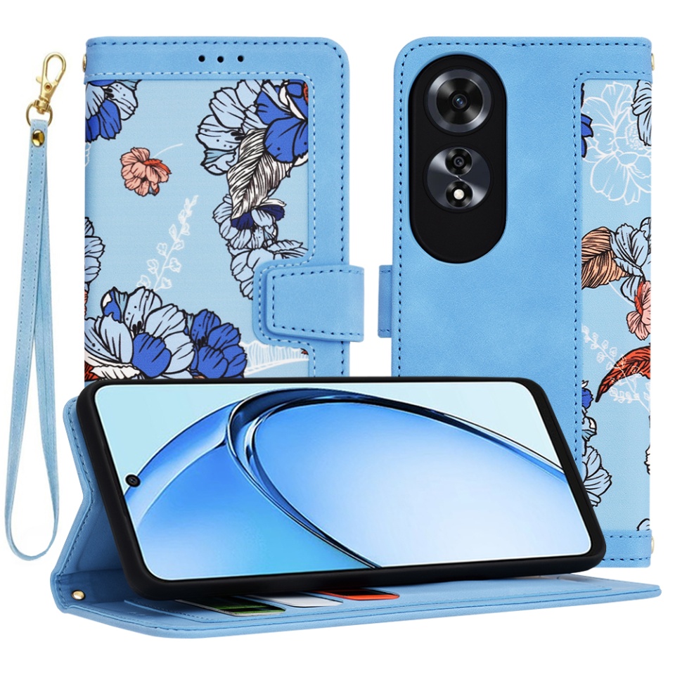 Husa pentru Oppo A60 din Piele Ecologică cu Design Floral, Protecție 360°, Stand Integrat, Buzunare pentru Carduri, SKDR Floral Wallet - Bleu