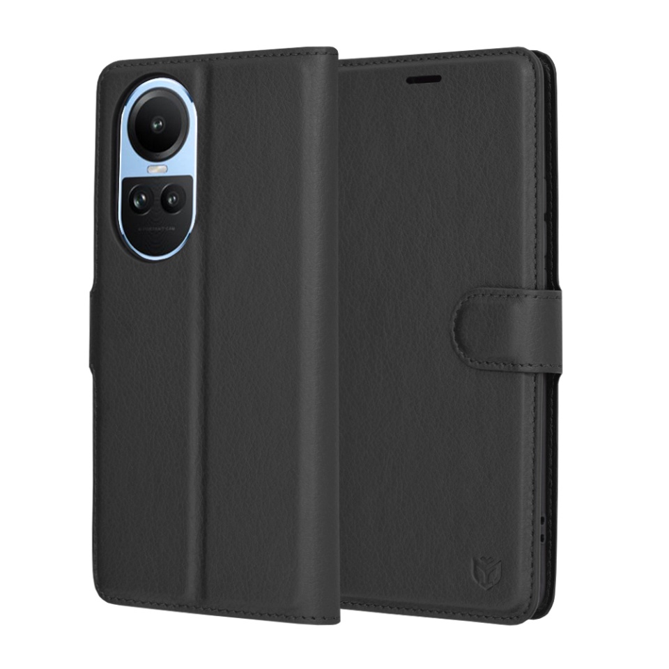 Husa pentru Oppo Reno10 / Reno10 Pro, SKYDDAR INNOVATION, Leather Folio tip Carte, cu Portofel Interior, Finisaje Premium, set cu sticker, Negru