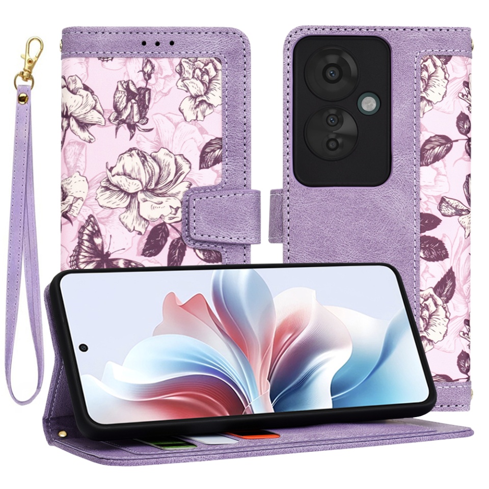 Husa pentru Oppo Reno11 F din Piele Ecologică cu Design Floral, Protecție 360°, Stand Integrat, Buzunare pentru Carduri, SKDR Floral Wallet - Mov
