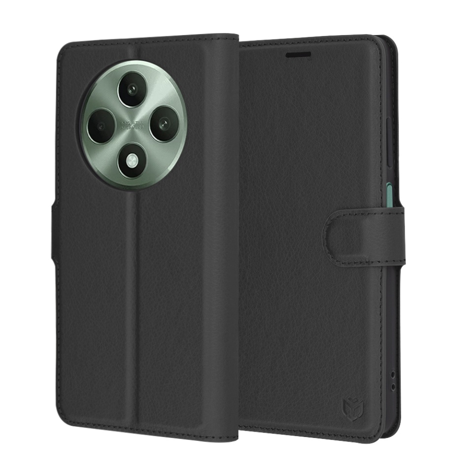 Husa pentru Oppo Reno12 F 5G / Reno12 FS 5G / Reno12 F 4G / Reno12 FS 4G, SKYDDAR INNOVATION, Leather Folio tip Carte, cu Portofel Interior, Finisaje Premium, set cu sticker, Negru