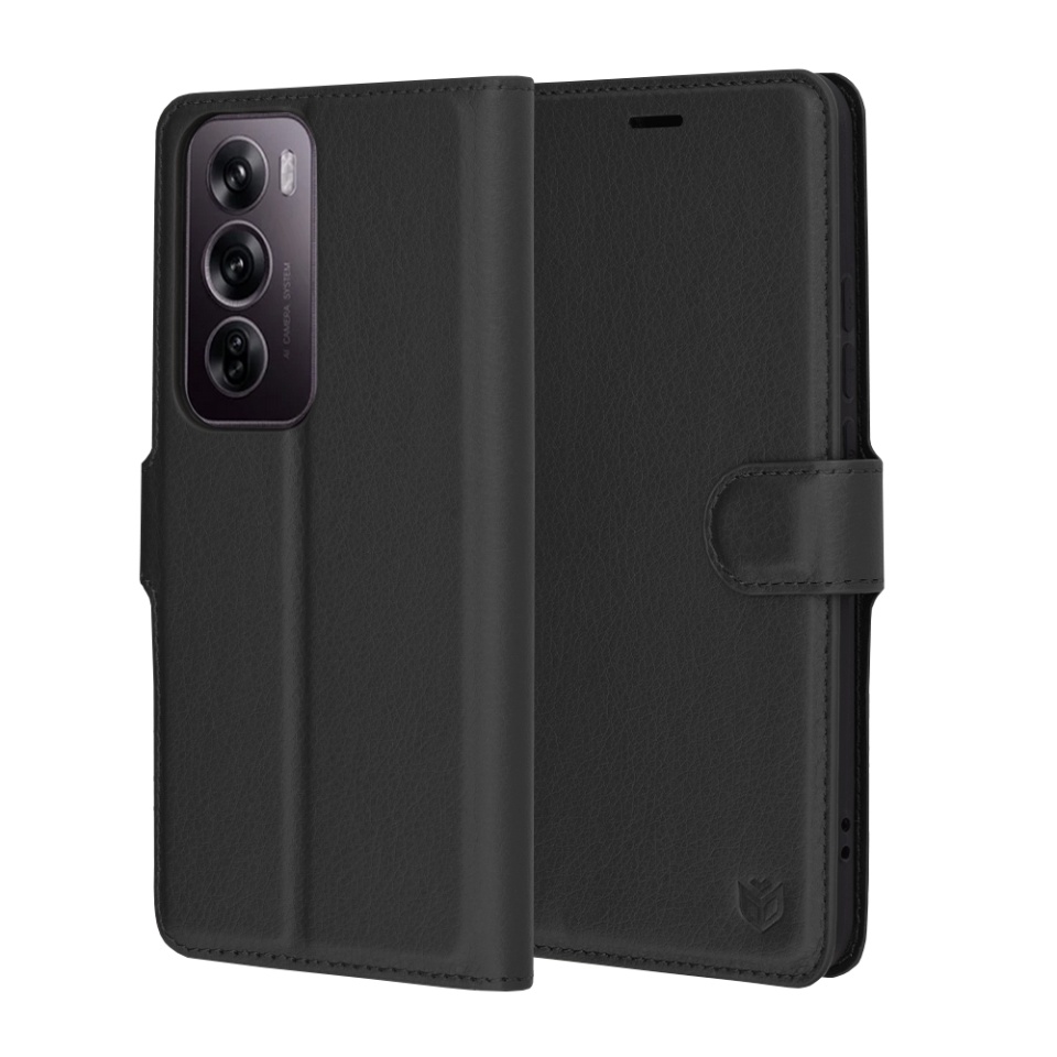 Husa pentru Oppo Reno12 Pro, SKYDDAR INNOVATION, Leather Folio tip Carte, cu Portofel Interior, Finisaje Premium, set cu sticker, Negru