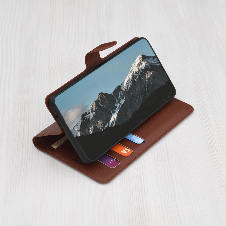 Husa pentru Oppo Reno14, SKYDDAR INNOVATION, Leather Folio tip Carte, cu Portofel Interior, Finisaje Premium, set cu sticker, Maro - 1 | YEO