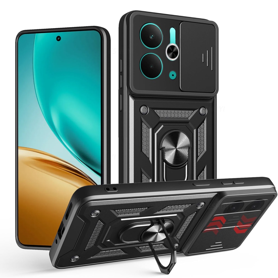 Husa pentru Realme 14T / 14, SKYDDAR INNOVATION, CamShield, Inel magnetic, set cu sticker, Negru