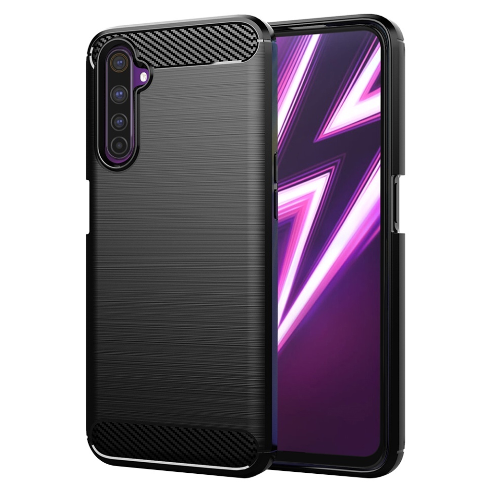 Husa pentru Realme 6 Pro, SKYDDAR INNOVATION, Carbon Silicone, din Silicon Slim, cu textura Fibra Carbon, set cu sticker, Negru