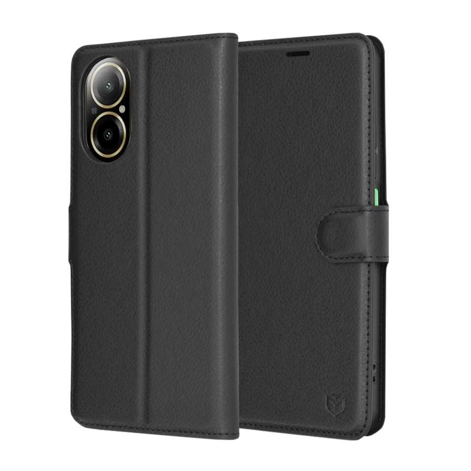 Husa pentru Realme C67 4G, SKYDDAR INNOVATION, Leather Folio tip Carte, cu Portofel Interior, Finisaje Premium, set cu sticker, Negru