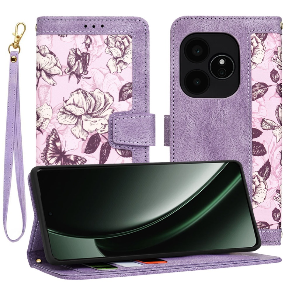 Husa pentru Realme GT 6 / GT 6T din Piele Ecologică cu Design Floral, Protecție 360°, Stand Integrat, Buzunare pentru Carduri, SKDR Floral Wallet - Mov
