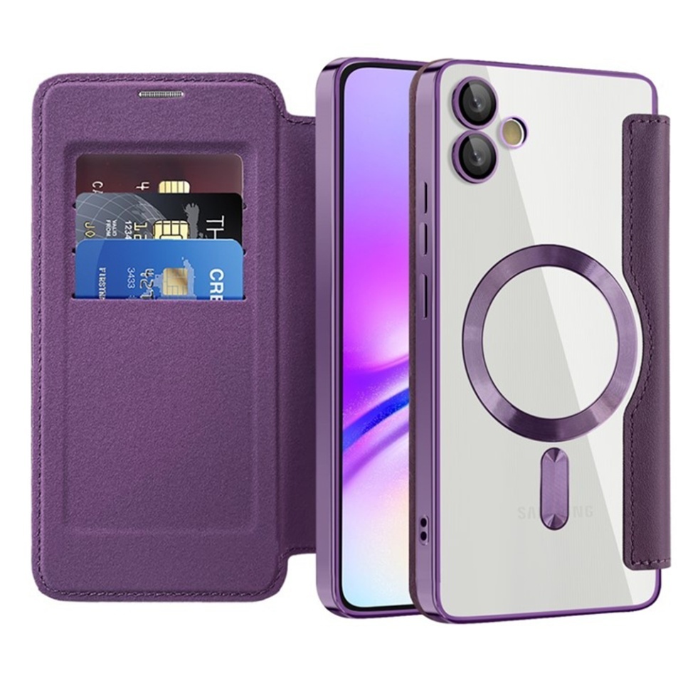 Husa pentru Samsung Galaxy A05 tip carte, SKYDDAR INOVATION, SmartMag Book, Magsafe, RFiD, Suport Carduri, set cu sticker, Mov