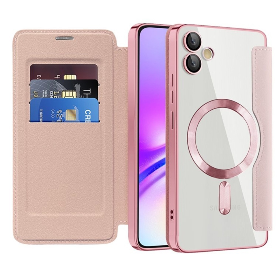 Husa pentru Samsung Galaxy A05 tip carte, SKYDDAR INOVATION, SmartMag Book, Magsafe, RFiD, Suport Carduri, set cu sticker, Roz