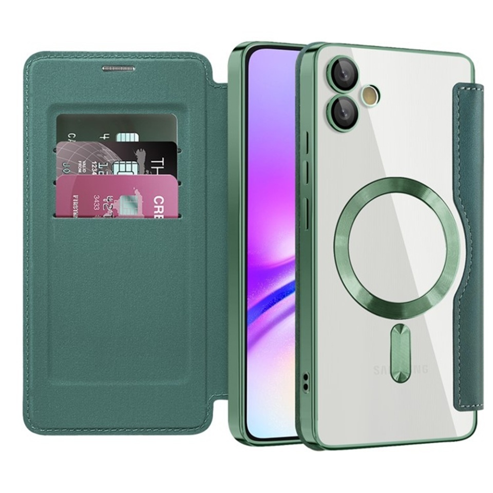 Husa pentru Samsung Galaxy A05 tip carte, SKYDDAR INOVATION, SmartMag Book, Magsafe, RFiD, Suport Carduri, set cu sticker, Verde