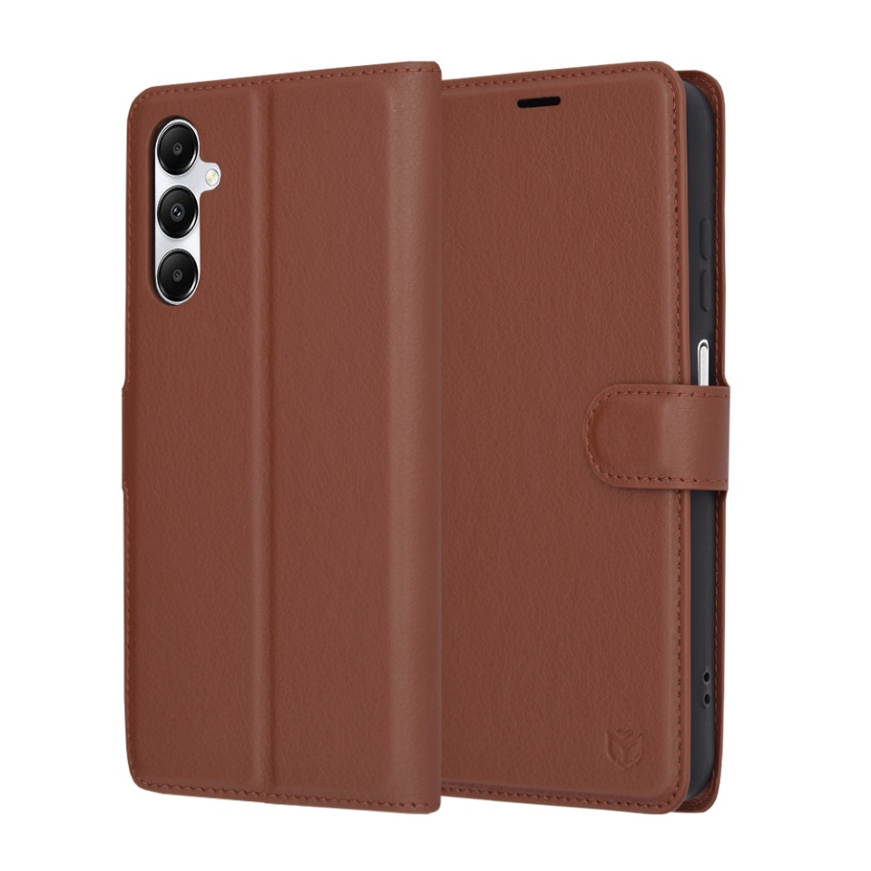 Husa pentru Samsung Galaxy A05s, SKYDDAR INNOVATION, Leather Folio tip Carte, cu Portofel Interior, Finisaje Premium, set cu sticker, Maro