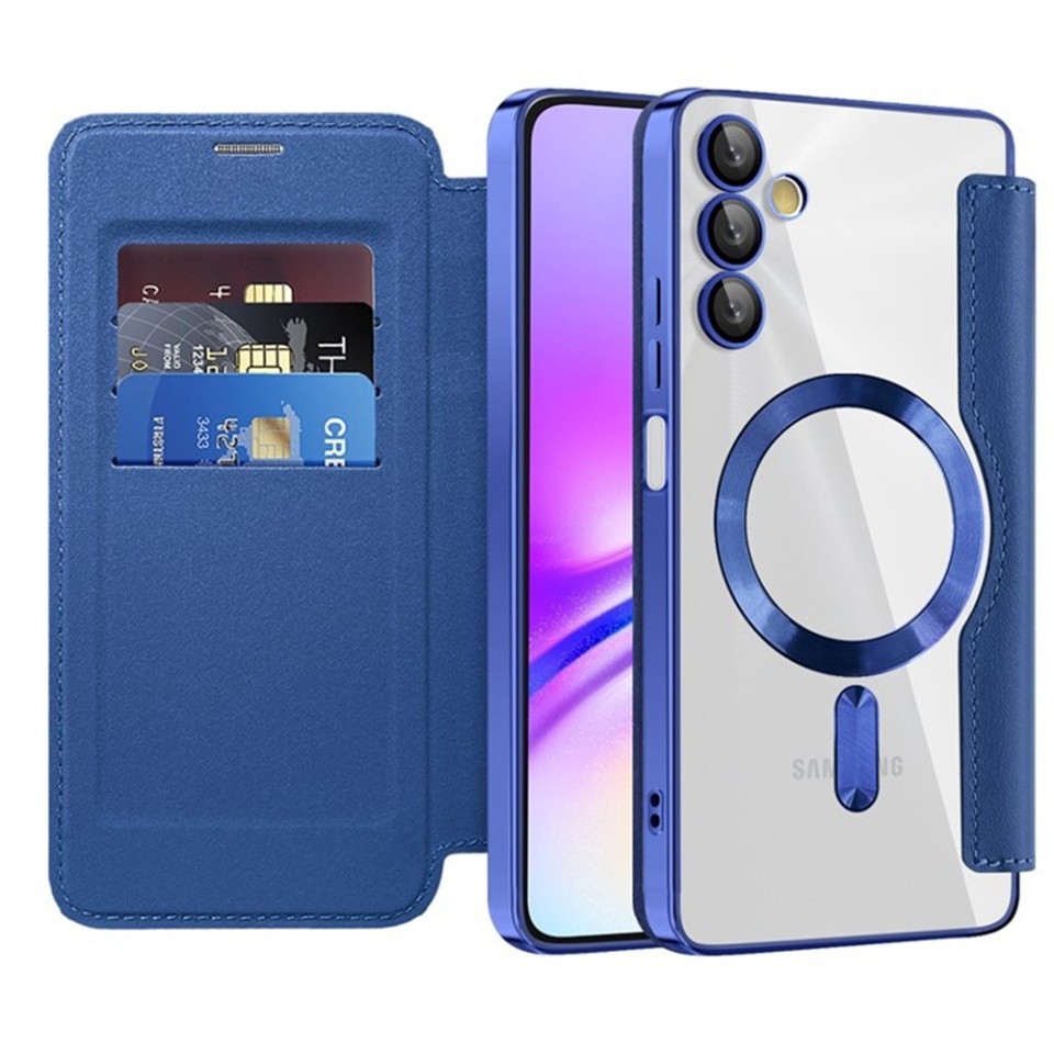 Husa pentru Samsung Galaxy A05s tip carte, SKYDDAR INOVATION, SmartMag Book, Magsafe, RFiD, Suport Carduri, set cu sticker, Albastru