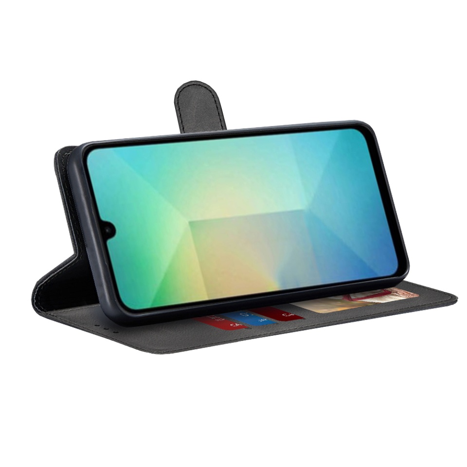 Husa pentru Samsung Galaxy A06, SKYDDAR INNOVATION, Diary Book, tip carte, cu Portofel Interior, Antisoc, Negru, set cu sticker - 1 | YEO