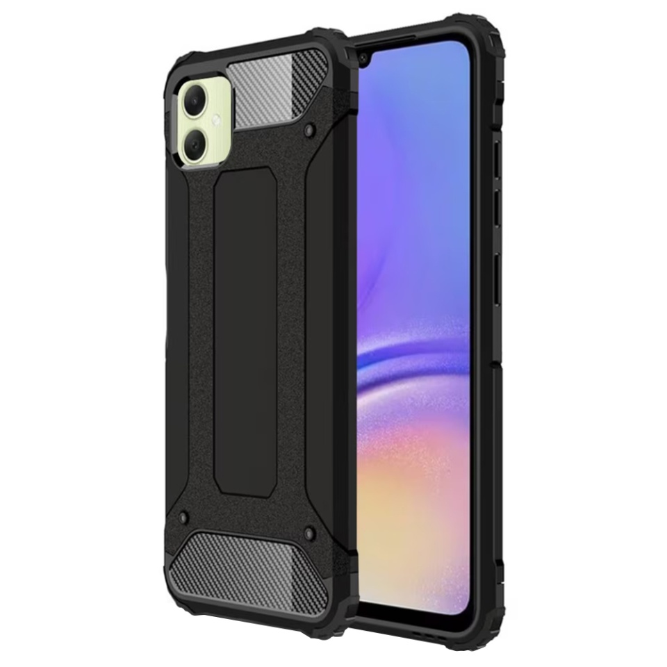 Husa pentru Samsung Galaxy A06, SKYDDAR INNOVATION, Hybrid Armor, din Plastic Dur, Margini Cauciucate, Antisoc, Negru, set cu sticker