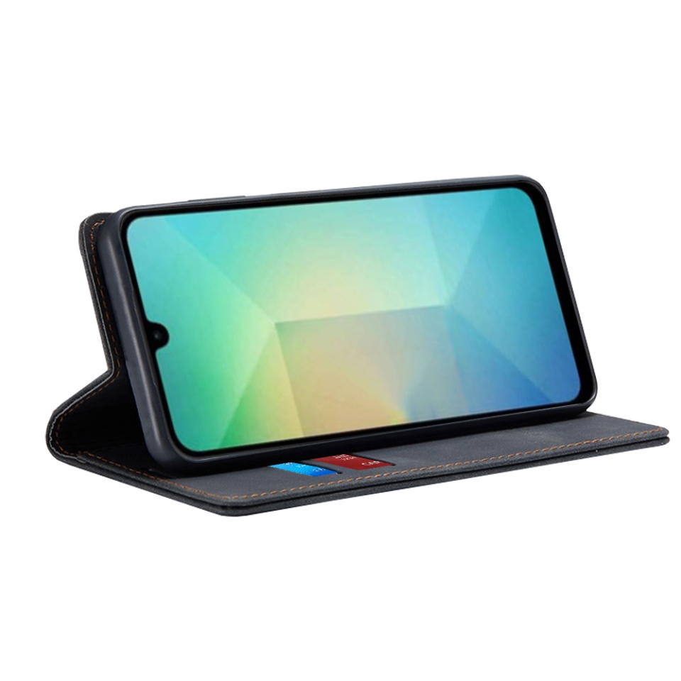 Husa pentru Samsung Galaxy A06, SKYDDAR INNOVATION, Soft Wallet, tip Carte din piele Eco Premium, cu Portofel Interior, Negru, set cu sticker - 1 | YEO
