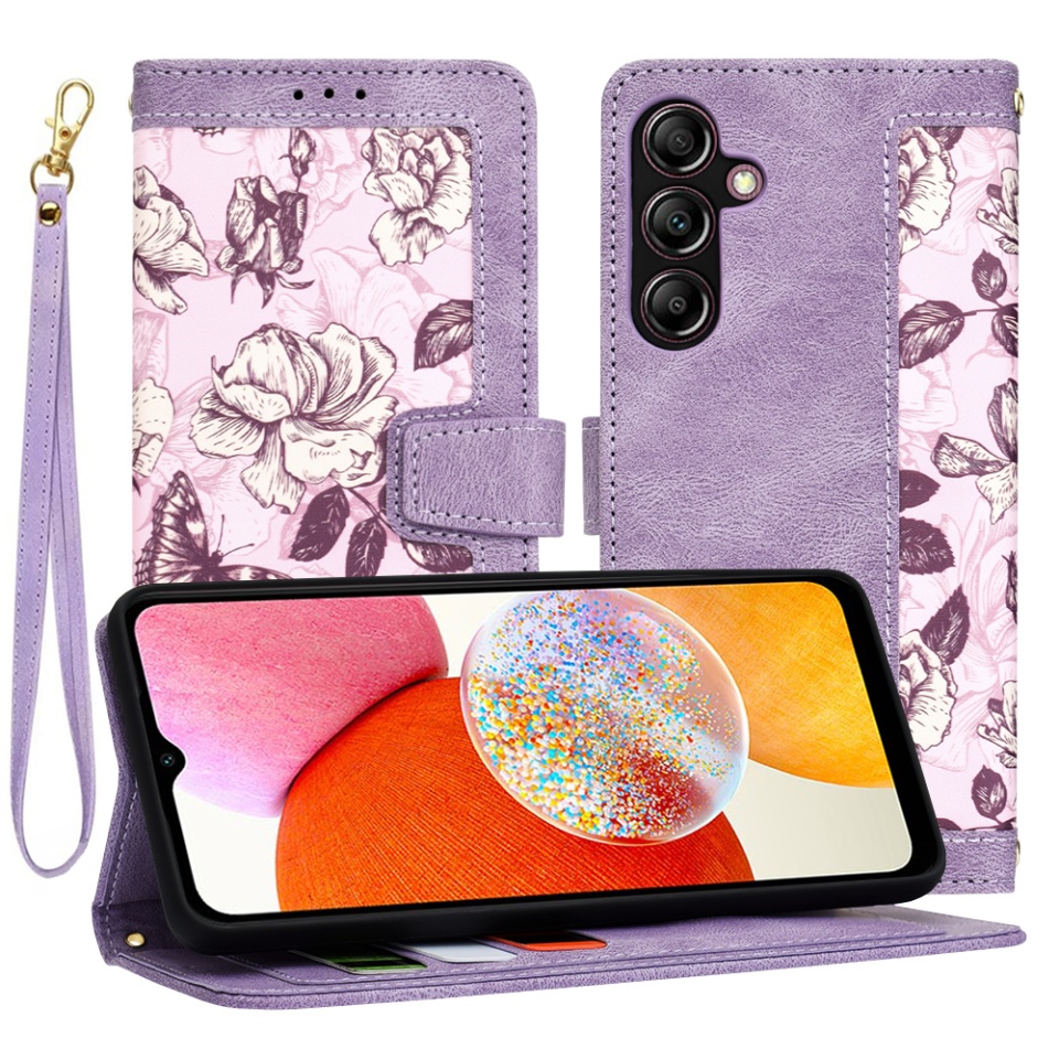 Husa pentru Samsung Galaxy A14 5G / Galaxy A14 4G din Piele Ecologică cu Design Floral, Protecție 360°, Stand Integrat, Buzunare pentru Carduri, SKDR Floral Wallet - Mov