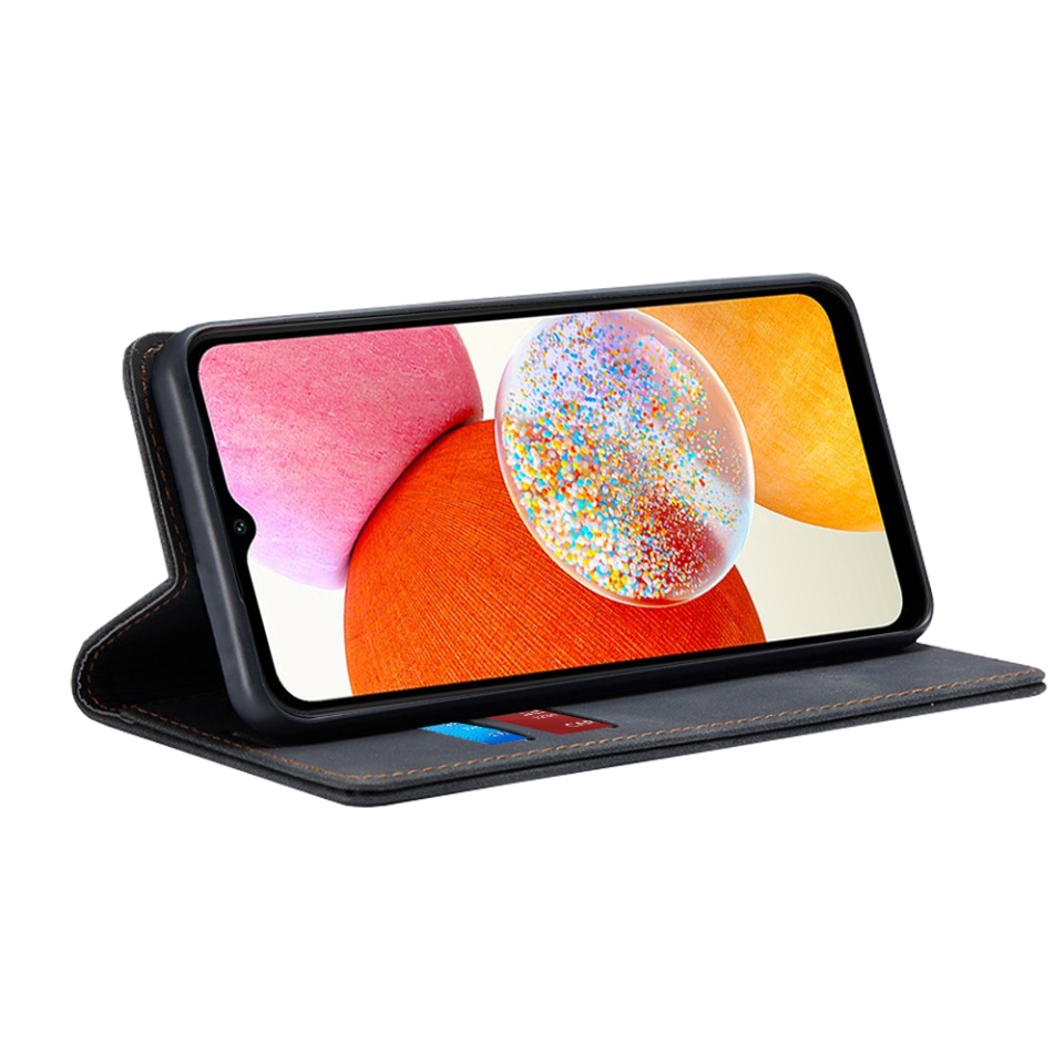 Husa pentru Samsung Galaxy A14 5G / Galaxy A14 4G, SKYDDAR INNOVATION, Soft Wallet, tip Carte din piele Eco Premium, cu Portofel Interior, Negru, set cu sticker - 1 | YEO
