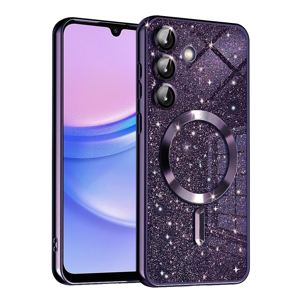 Husa pentru Samsung Galaxy A15 4G / Galaxy A15 5G, SKYDDAR INNOVATION, Luxury Glitter Magsafe, Antisoc, Fundal Detasabil 2-in-1, Margini Ridicate, set cu sticker, Mov