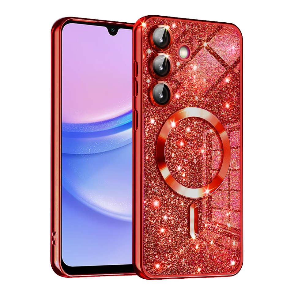 Husa pentru Samsung Galaxy A15 4G / Galaxy A15 5G, SKYDDAR INNOVATION, Luxury Glitter Magsafe, Antisoc, Fundal Detasabil 2-in-1, Margini Ridicate, set cu sticker, Rosu