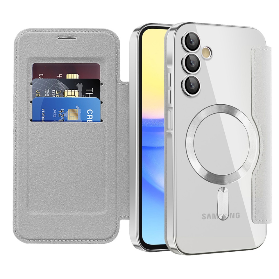 Husa pentru Samsung Galaxy A15 4G / Galaxy A15 5G tip carte, SKYDDAR INOVATION, SmartMag Book, Magsafe, RFiD, Suport Carduri, set cu sticker, Gri