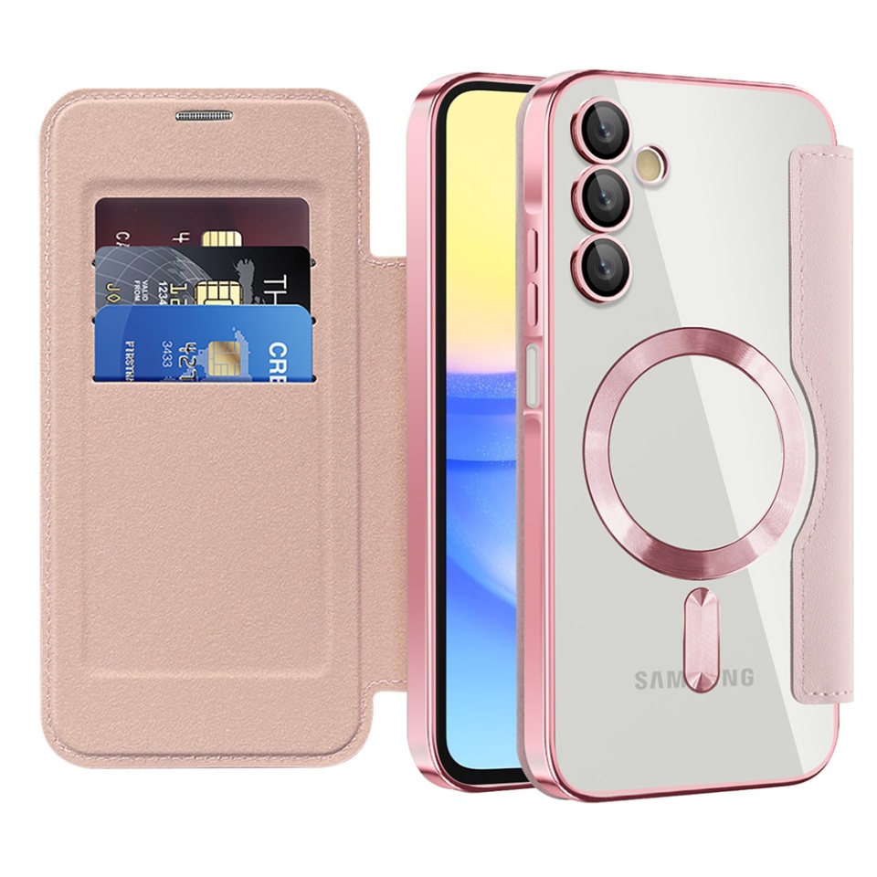 Husa pentru Samsung Galaxy A15 4G / Galaxy A15 5G tip carte, SKYDDAR INOVATION, SmartMag Book, Magsafe, RFiD, Suport Carduri, set cu sticker, Roz
