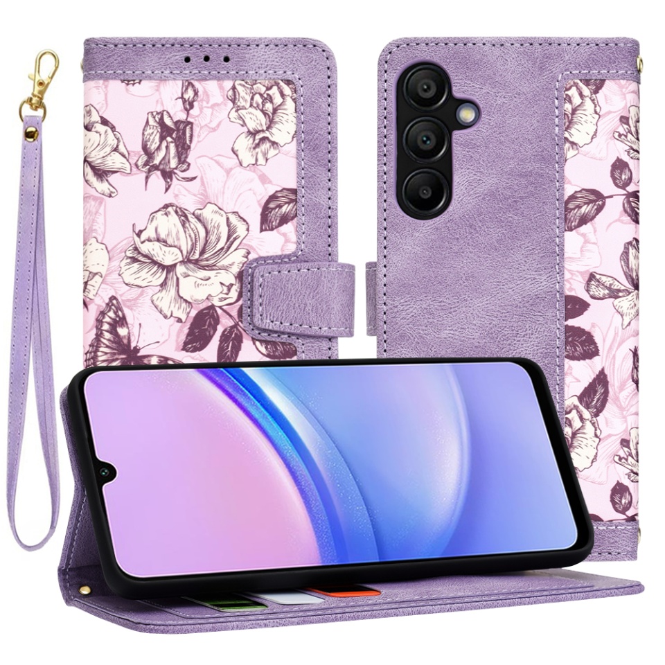 Husa pentru Samsung Galaxy A16 4G / Galaxy A16 5G din Piele Ecologică cu Design Floral, Protecție 360°, Stand Integrat, Buzunare pentru Carduri, SKDR Floral Wallet - Mov