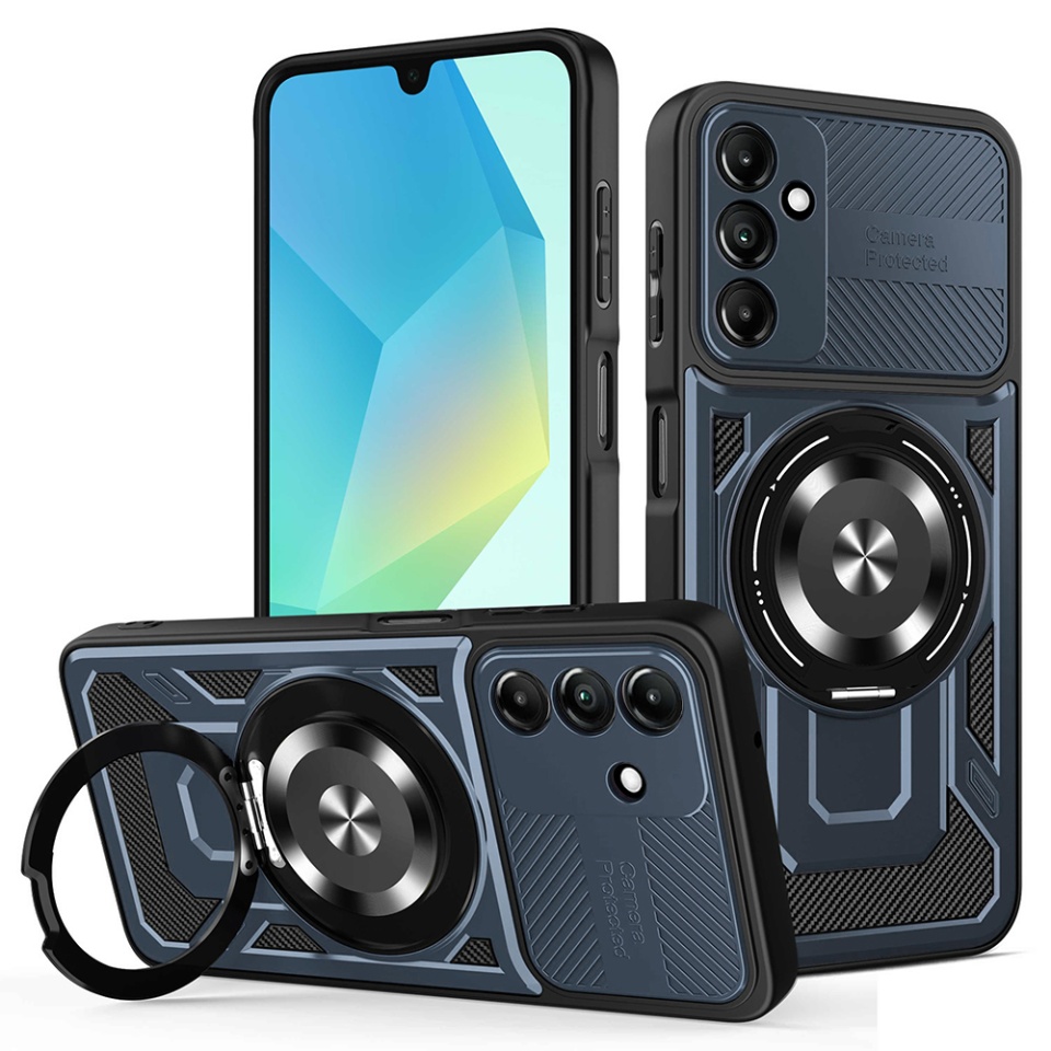 Husa pentru Samsung Galaxy A16 4G / Galaxy A16 5G, SKYDDAR INNOVATION, RuggedCam, Inel magnetic antisoc, set cu sticker, Albastru