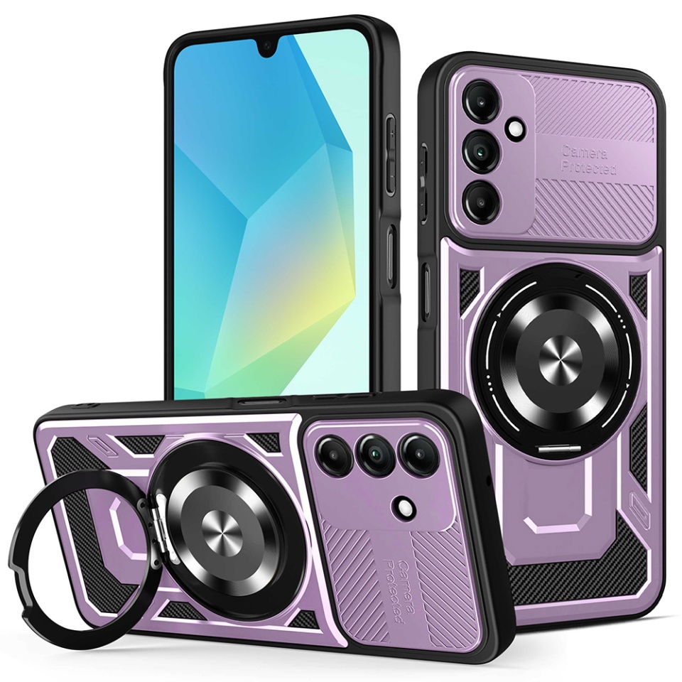 Husa pentru Samsung Galaxy A16 4G / Galaxy A16 5G, SKYDDAR INNOVATION, RuggedCam, Inel magnetic antisoc, set cu sticker, Mov