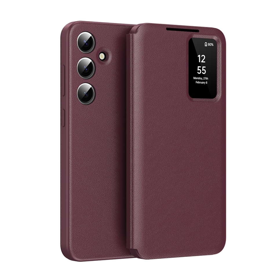 Husa pentru Samsung Galaxy A16 4G / Galaxy A16 5G tip carte, Skyddar, cu portofel si SmartView, Premium, set cu sticker, Rosu