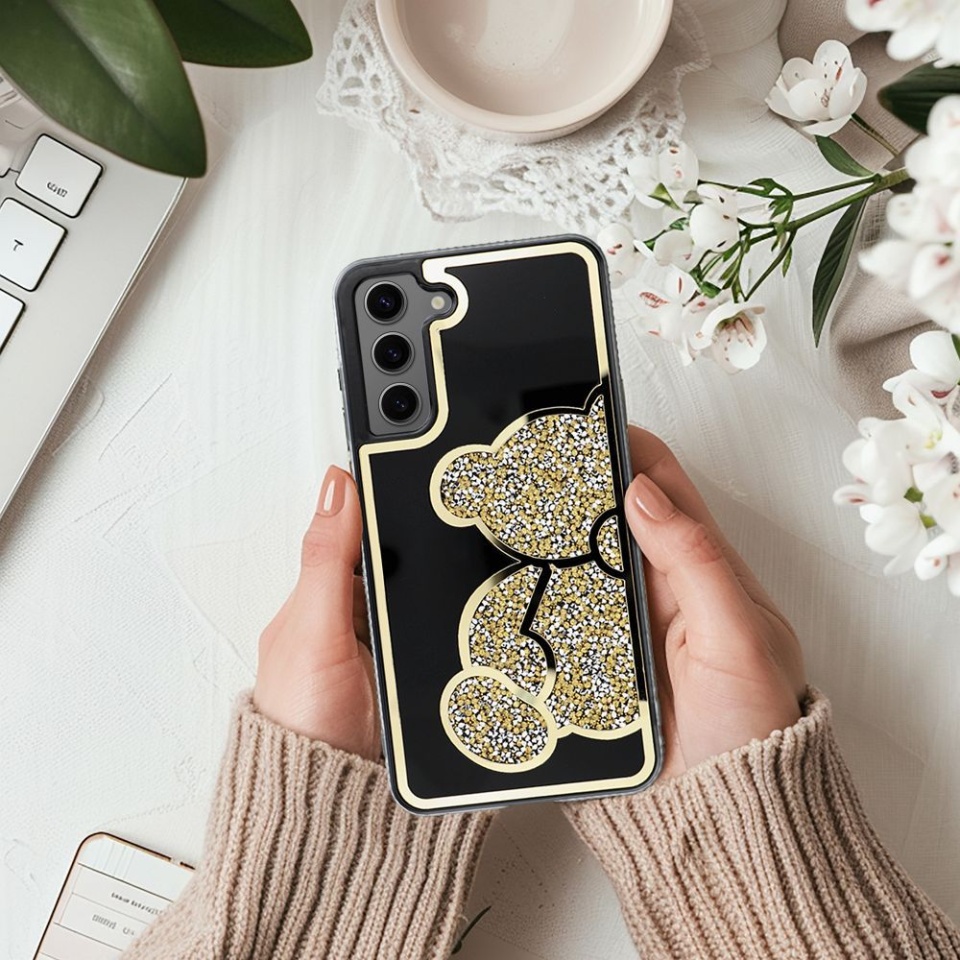 Husa pentru Samsung Galaxy A16 5G, SKYDDAR INNOVATION, TEDDY BEAR, din Silicon cu Sclipici, Protectie Completa, Auriu, set cu sticker - 3 | YEO
