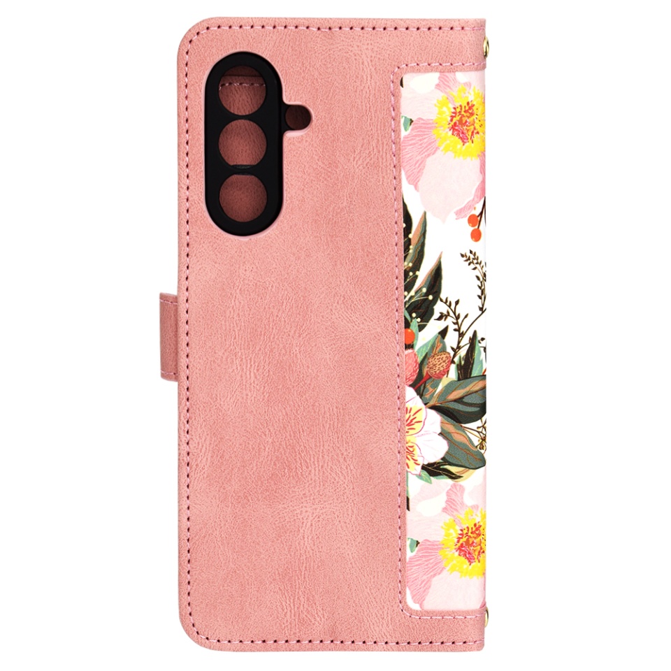 Husa pentru Samsung Galaxy A26 5G din Piele Ecologică cu Design Floral, Protecție 360°, Stand Integrat, Buzunare pentru Carduri, Floral Wallet - Roz - 2 | YEO