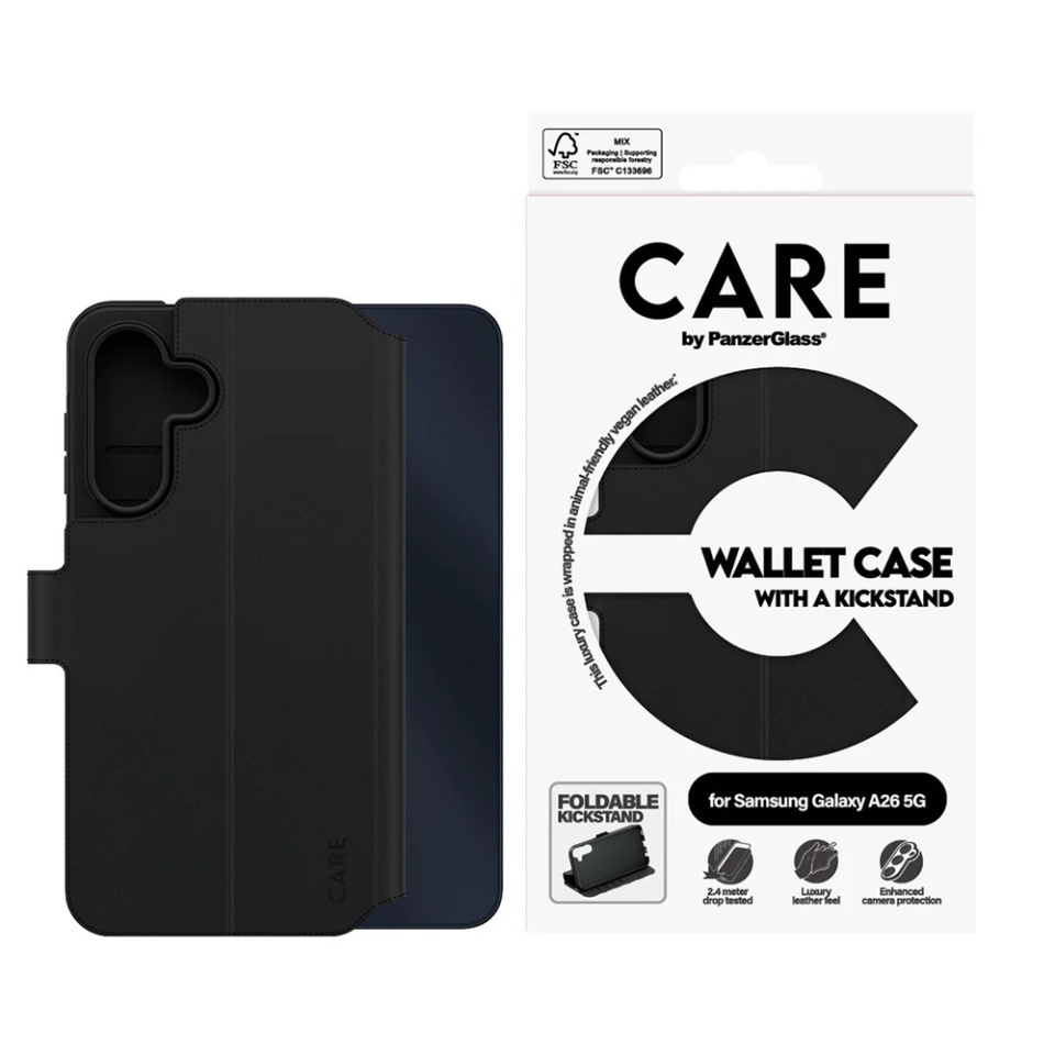 Husa pentru Samsung Galaxy A26 5G, PanzerGlass, CARE Feature Kickstand Wallet Case, Tip Carte cu Inchidere Magnetica, Suport Stand si Slot Card Protectie 360°, Testata la Socuri, Negru - 3 | YEO