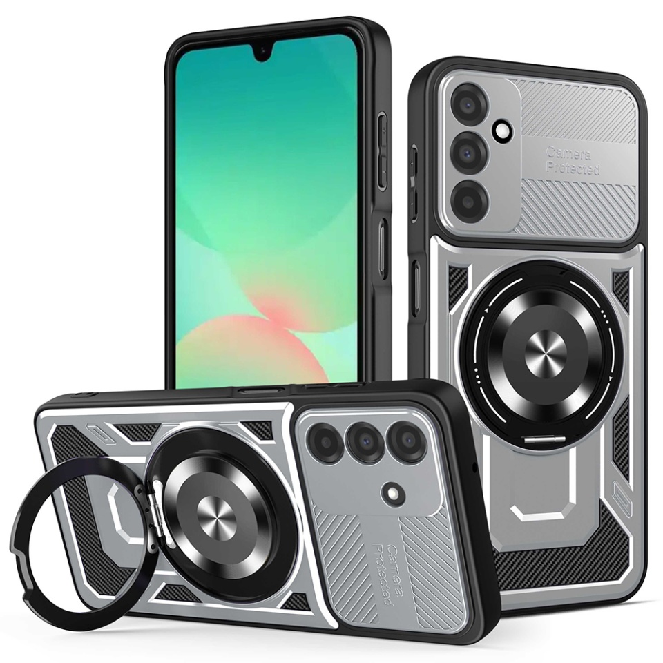 Husa pentru Samsung Galaxy A26 5G, SKYDDAR INNOVATION, RuggedCam, Inel magnetic antisoc, set cu sticker, Gri