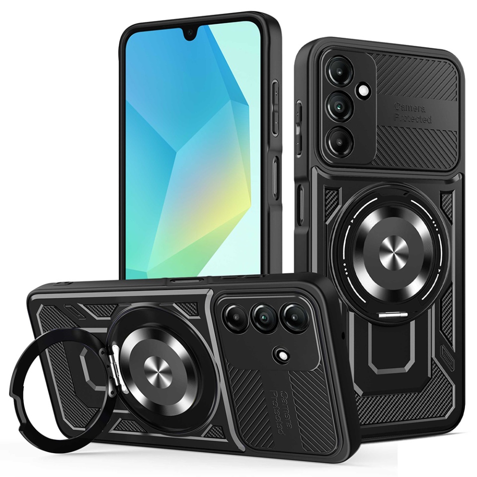 Husa pentru Samsung Galaxy A26 5G, SKYDDAR INNOVATION, RuggedCam, Inel magnetic antisoc, set cu sticker, Negru