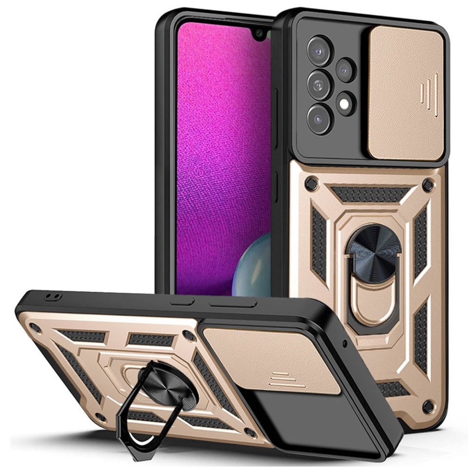 Husa pentru Samsung Galaxy A33 5G, SKYDDAR INNOVATION, CamShield, Inel magnetic, set cu sticker, Auriu