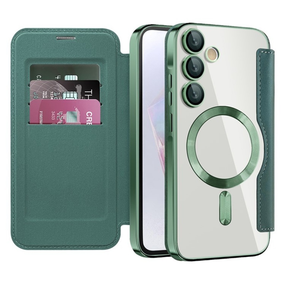 Husa pentru Samsung Galaxy A35 5G tip carte, SKYDDAR INOVATION, SmartMag Book, Magsafe, RFiD, Suport Carduri, set cu sticker, Verde