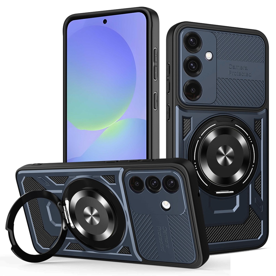 Husa pentru Samsung Galaxy A36 5G / Galaxy A56 5G, SKYDDAR INNOVATION, RuggedCam, Inel magnetic antisoc, set cu sticker, Albastru