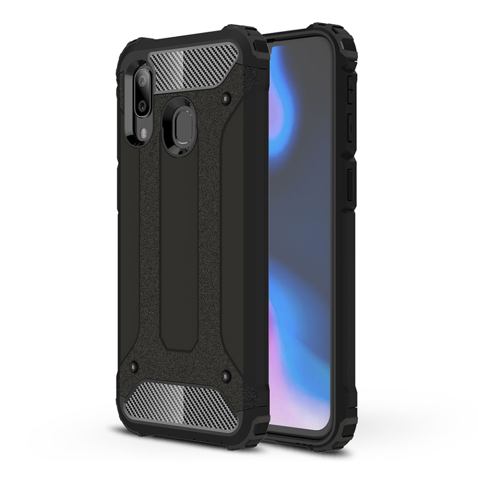 Husa pentru Samsung Galaxy A40, SKYDDAR INNOVATION, Hybrid Armor, din Plastic Dur, Margini Cauciucate, Antisoc, set cu sticker, Negru