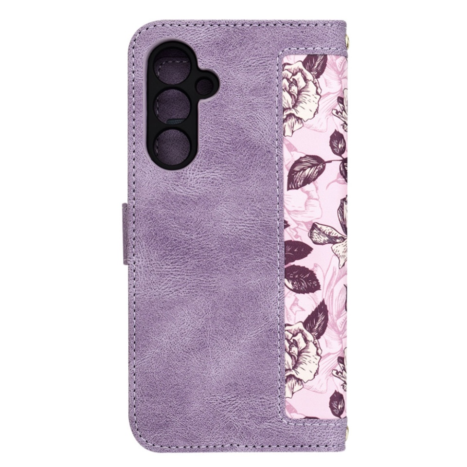 Husa pentru Samsung Galaxy A54 din Piele Ecologică cu Design Floral, Protecție 360°, Stand Integrat, Buzunare pentru Carduri, SKDR Floral Wallet - Mov - 3 | YEO