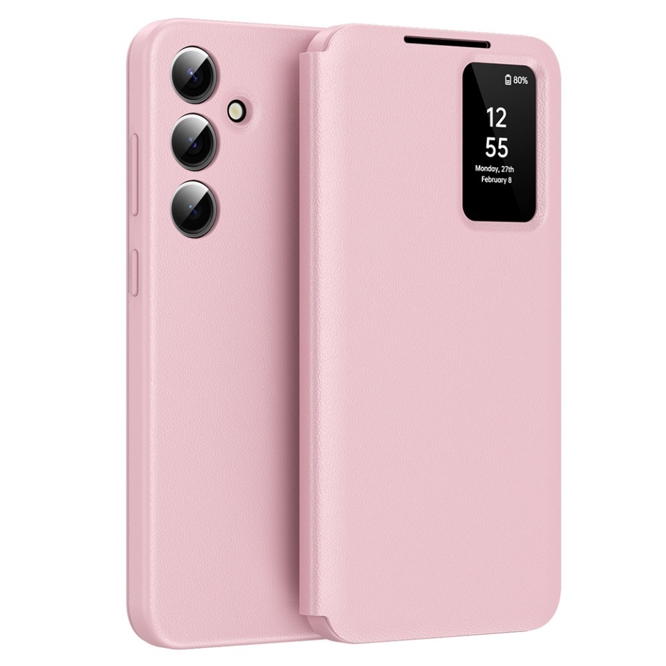 Husa pentru Samsung Galaxy A55 5G tip carte, Skyddar, cu portofel si SmartView, Premium, set cu sticker, Roz