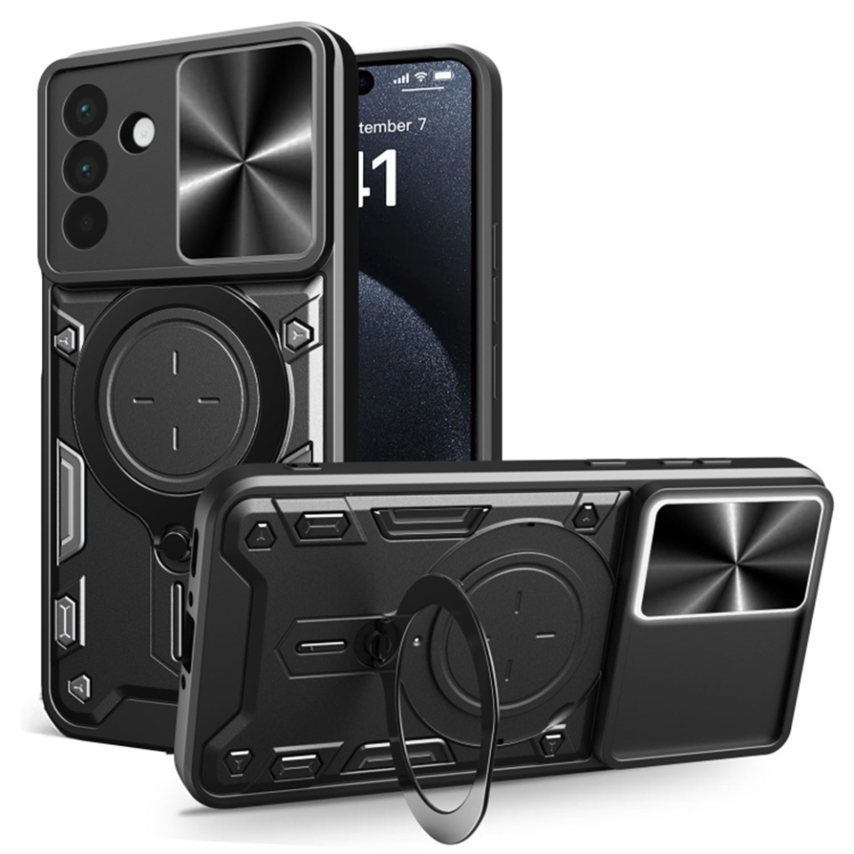 Husa pentru Samsung Galaxy A56 5G, cu inel magnetic si suport ajustabil, protectie completa camera, SKDR SafeCover - Negru