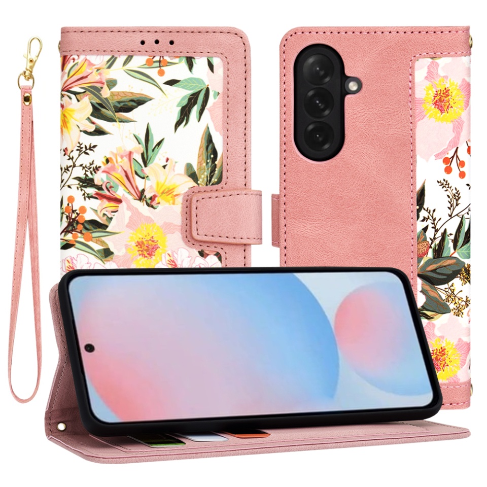 Husa pentru Samsung Galaxy A56 5G din Piele Ecologică cu Design Floral, Protecție 360°, Stand Integrat, Buzunare pentru Carduri, Floral Wallet - Roz