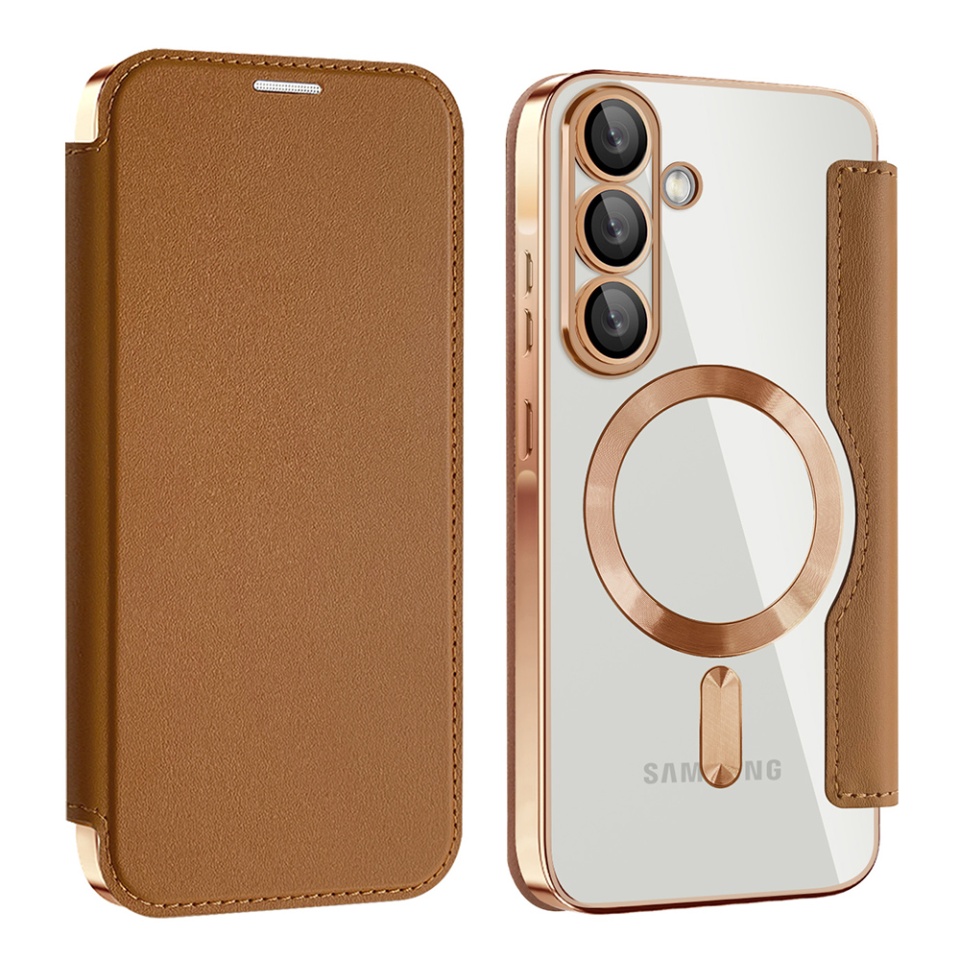 Husa pentru Samsung Galaxy A56 5G tip carte, SKYDDAR INOVATION, SmartMag Book, Magsafe, RFiD, Suport Carduri, set cu sticker, Maro - 1 | YEO