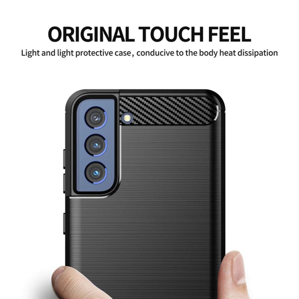 Husa pentru Samsung Galaxy S21 FE 5G, SKYDDAR INNOVATION, Carbon Silicone, din Silicon Slim, cu textura Fibra Carbon, set cu sticker, Negru - 1 | YEO