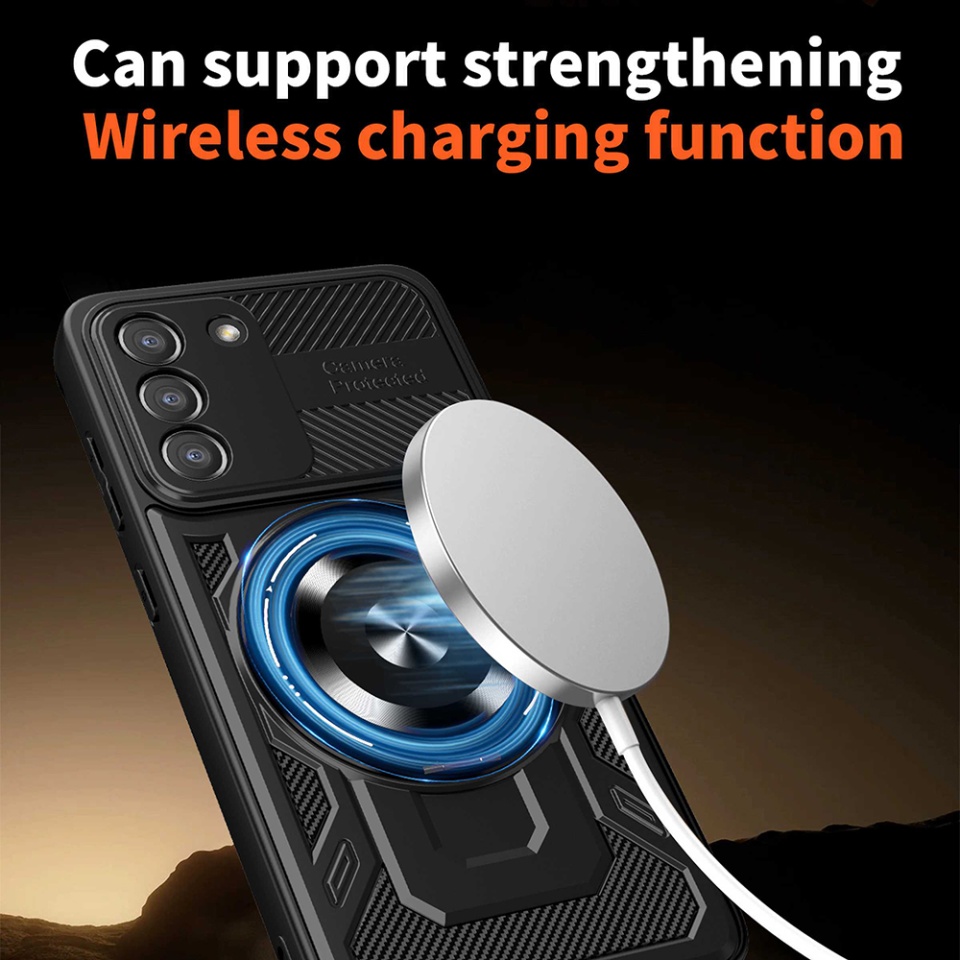 Husa pentru Samsung Galaxy S21 FE 5G, SKYDDAR INNOVATION, RuggedCam, Inel magnetic antisoc, set cu sticker, Albastru - 1 | YEO