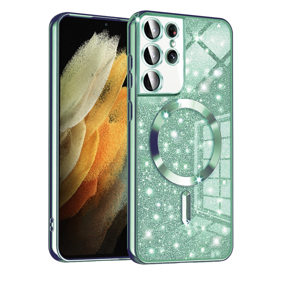 Husa pentru Samsung Galaxy S21 Ultra 5G Design Antisoc, Fundal Detasabil 2-in-1, Protectie Superioara, Margini Ridicate, SKDR Glitter - Verde deschis