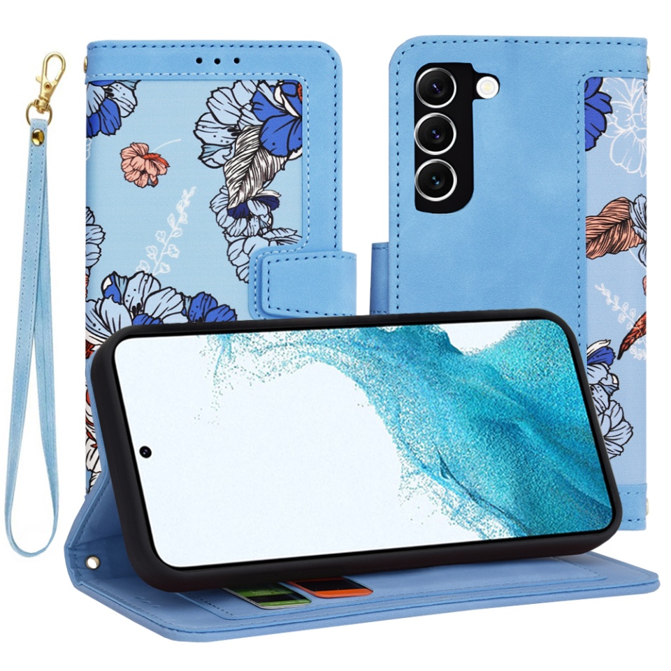 Husa pentru Samsung Galaxy S22 5G din Piele Ecologică cu Design Floral, Protecție 360°, Stand Integrat, Buzunare pentru Carduri, SKDR Floral Wallet - Bleu