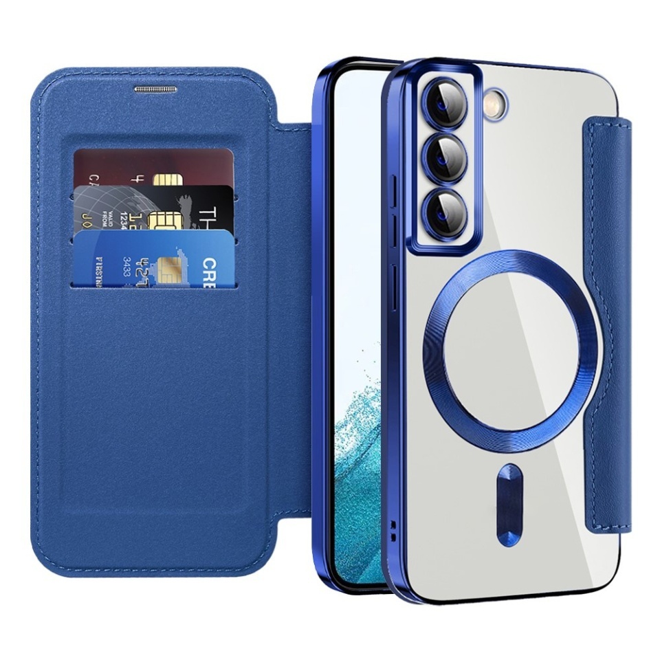 Husa pentru Samsung Galaxy S22 5G tip carte, SKYDDAR INOVATION, SmartMag Book, Magsafe, RFiD, Suport Carduri, set cu sticker, Albastru
